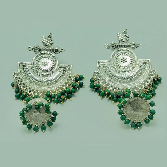 Massive Dangle Earrings, Oxidized Silver Indian Earrings, Handmade Silver Tone - Picture 3 of 6